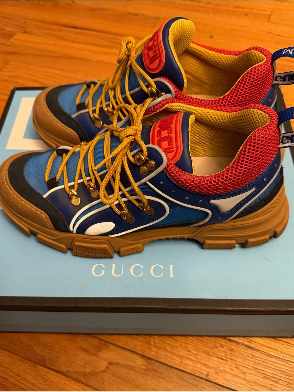 Gucci Blue, Red & Tan Chunky Trail Sneakers